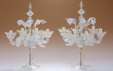 Paire de GIRANDOLES à 6 lumières Murano, Milieu du XXème Siècle en verre soufflé réhaussé...