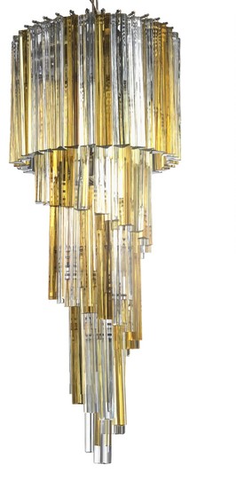 Paolo Venini: “Trilobo”. Chandelier with chromed metal frame, decorated with transparent and yellow/orange glass prisms.