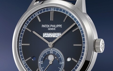Patek Philippe, Ref. 5236P A refined, innovative and very elegant platinum wristwatch with linear perpetual calendar, moon phases, leap year, day/night indication, hack feature, certificate of origin and presentation box