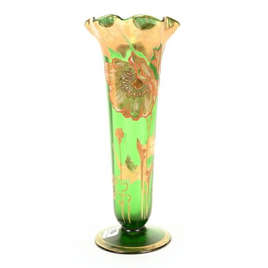 Pedestal Vase, Green Bohemian Art Glass