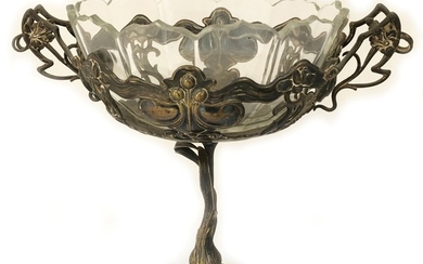 Pewter Art Nouveau stand with a glass bowl, has...