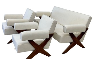 Pierre Jeanneret, French Mid-Century Modern, Sofa Set, X-Leg, Chandigarh, 1960s