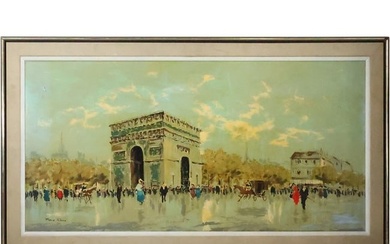 Pierre Rene, Vintage Oil on Board Painting Parisian Street Scene, Signed, Framed