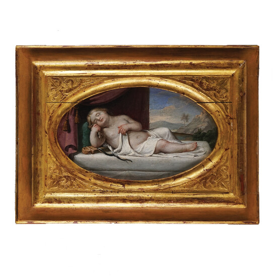 Pittore romano del XVIII secolo Amorini dormienti coppia di oli su tela...