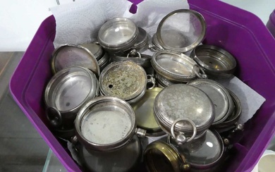 Plastic tub of pocket watch cases (many of them silver)Plastic...
