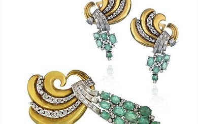 Platinum & Rose Gold Cabochon Green Emeralds And Diamond Brooch & Earrings Jewelry Set