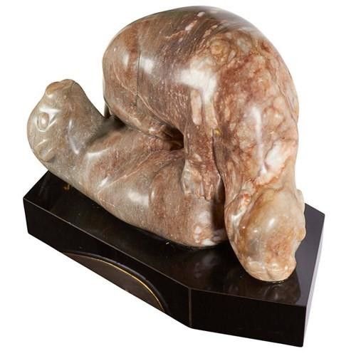 "Playful Otters" Carved Rose Marble Sculpture