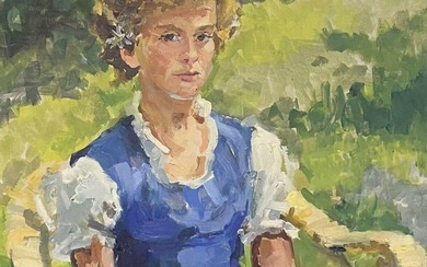 Portrait Young Lady in Garden with Daisies Large Impressionist Signed Painting 20TH CENTURY
