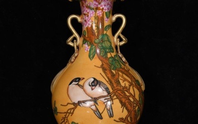 Qing Qianlong Yellow Ground Famille Rose Gold Flower and Bird Pattern Double Ear Vase