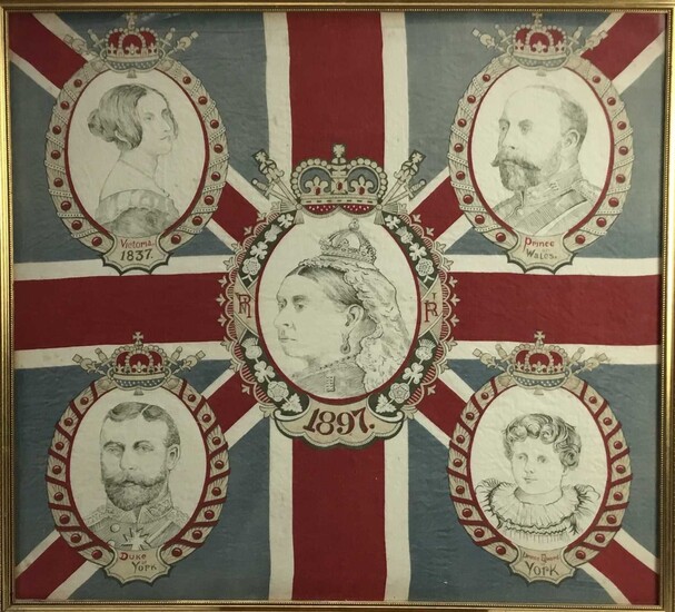 Queen Victoria diamond jubilee commemorative scarf, framed 65 x 70cm