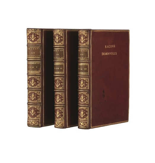RABELAIS. Œuvres de Maître François Rabelais, 3 tomes en 3 vol. In-quarto° plain maroquin rouge