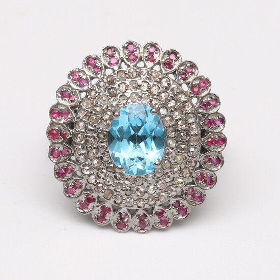RING, sterling silver with blue topaz, diamonds & rubies, contemporary.