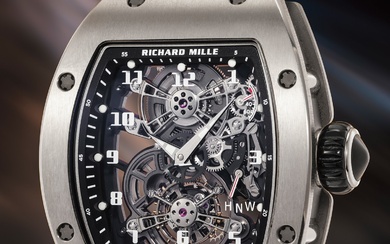 Richard Mille, Ref. MON-01562 A highly rare and attractive titanium tourbillon wristwatch with power reserve, function indicator, warranty and presentation box
