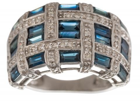 Ring 18kts white gold chess design of sapphires calibrated estimated weight 2.10 cts. and diamonds cut 8/8 estimated weight 0.45 cts. total weight 7.8 grs