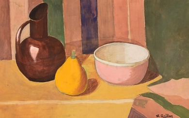 Roger GRILLON (1881-1938) "Pitcher, bowl and pear" gouache sbd 39x56