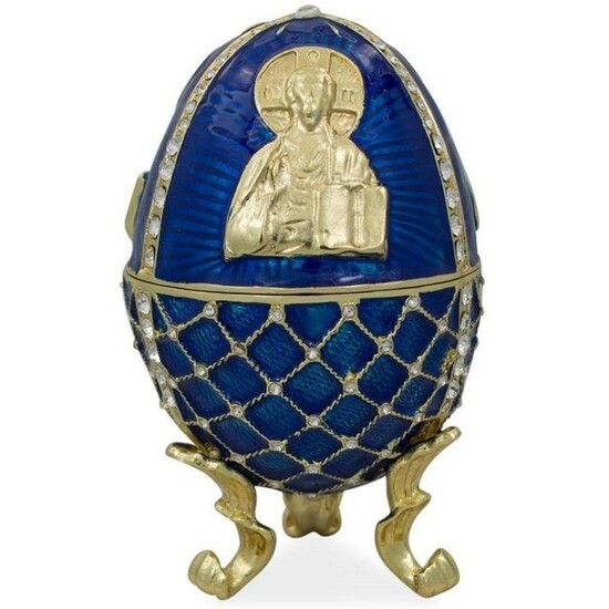 Russian Jesus Icon Enameled Trinket Jewel Box Egg