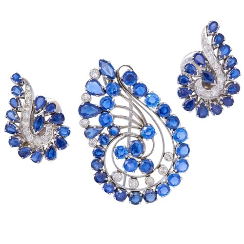 SAPPHIRE AND DIAMOND BROOCH AND PAIR OF EARRINGS, of scrolli...