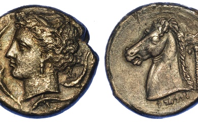 SICILE - PÉRIODE SICULO-PUNIQUE. Tétradrachme, 320 av. J.-C. (Monnaie incertaine de Sicile). Tête de Tanit...