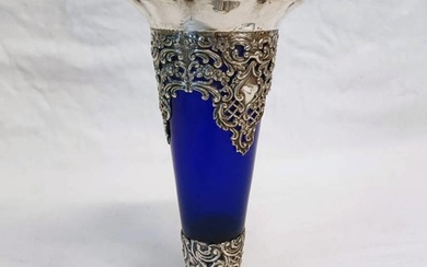 SILVER MOUNTED BLUE GLASS TAPERING VASE WITH PIERCED DECORAT...