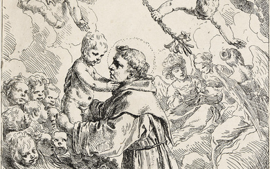 SIMONE CANTARINI St. Anthony of Padua Adoring the Christ Child. Etching, circa 1640...