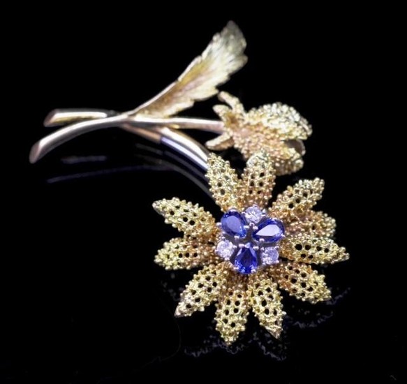 Sapphire and diamond set 18ct yellow gold brooch marked Birk...