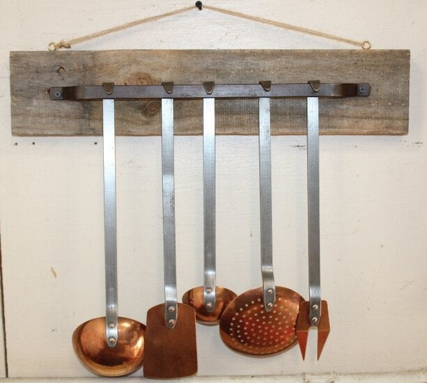 Set of 5 French copper utensils on iron & wood rack