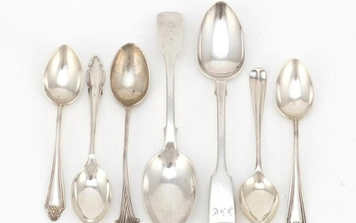 Seven Georgian and later silver teaspoons, the largest