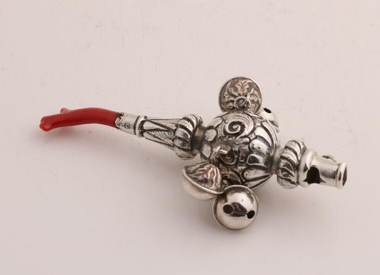 Silver bar rattle, 925/000, with red coral and bells.