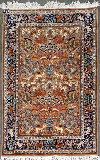 Small Persian Garden of Paradise Wool Carpet, with animals and flora on a tobacco ground & dark blue border (190 x 127cm)