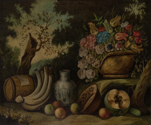 Spanish School 19th-20th Century Still Life of Fruit, Vegetables and Flowers in a Landscape