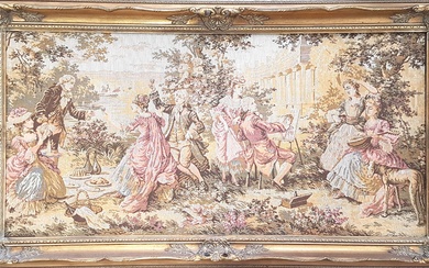 Tapisserie mécanique représentant des personnages en costume du XVIIIe siècle participant à un dejeuner champêtre...