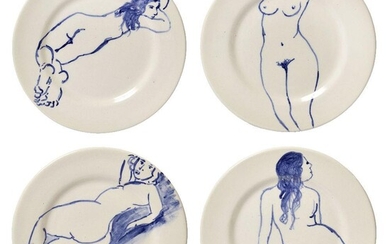 Tessa Newcombe, British b.1955 - A suite of four blue and white glazed earthenware side plates decorated with hand-painted female nudes, 1994; each signed with initials and dated on the underside 'TN 94', diameter 20 cm (each) (4) (ARR)