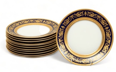 Theodore Haviland (New York) Limoges Porcelain Plates, Cobalt Band & Fired Gold, Ca. 1900, Dia. 10"