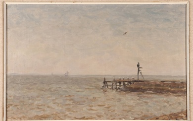 Tholen, Willem Bastiaan (1860-1931). (Sea view with a pier, two...