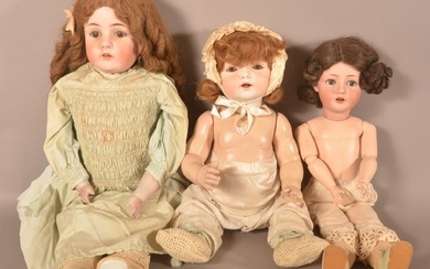 Three Antique German Bisque Head Girl Dolls.