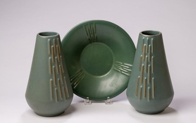 Three Pieces of McCoy Matte Green Pottery.