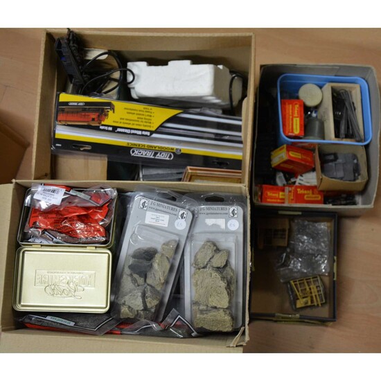 Three boxes of OO gauge model railway accessories and parts