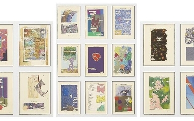 Tom Phillips CBE RA, British b. 1937- A Humument; twenty-one offset lithographs in colours on wove, each initialled or signed in pencil, each image: 17.8 x 12 cm, (framed in three frames) (ARR) (3)