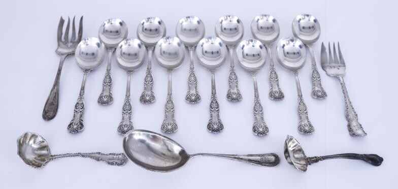 Twelve Sterling Silver Queens Pattern Soup Spoons and Mixed...