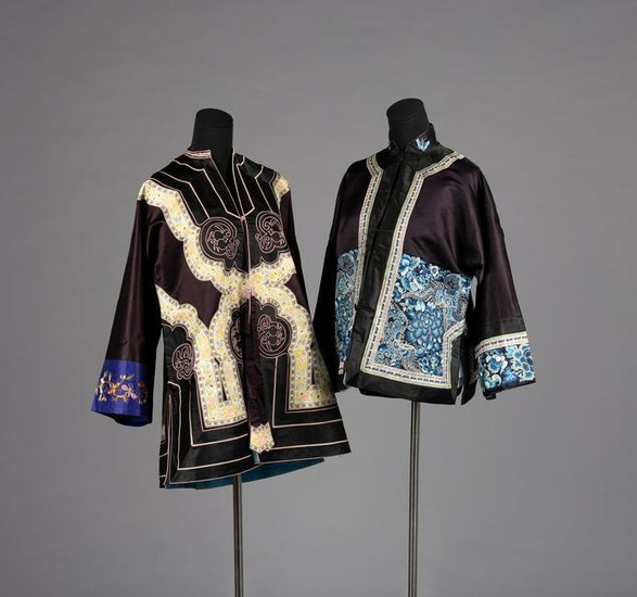 Two Black Ground Embroidered Silk Lady