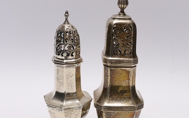 Two George V silver sugar casters, largest 18.4cm, 8.2oz....