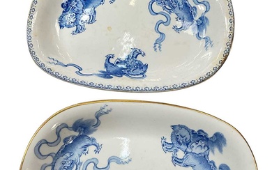 Two Wedgwood bone china teapot stands, printed in blue in Chinese style