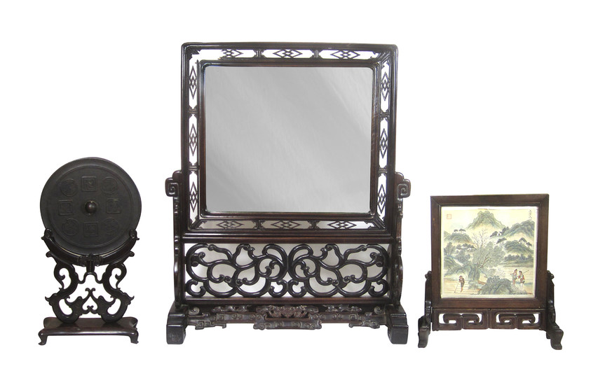 Two hongmu table screens together with a bronze mirror on stand