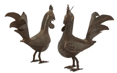 Two silver and brass inlaid figures of a cockerel Qajar Iran, 19th...