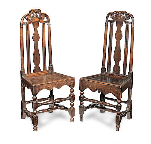 Two similar and unusual early 18th century oak high-back chairs, English, circa 1710-20