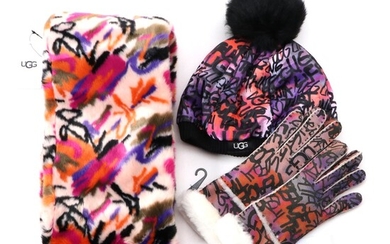 UGG Graffiti Faux Fur Scarf, Beanie with Shearling Pom-Pom, and Gloves Set