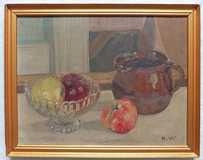Unknown painter, 20th century: Still life. Signed H.W. Oil on canvas, 31×41 cm. Frame size 36.5×46.5 cm.