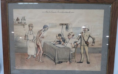 VAILLAND "Visite médicale chez les forçats" Watercolour drawing. SBD, dated 1901. Framed under glass. 47 x 63 cm