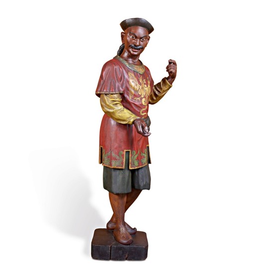 VERY FINE AND RARE CARVED AND POLYCHROME PAINT-DECORATED PINE TEA SHOP TRADE FIGURE, PROBABLY NEW YORK, CIRCA 1880