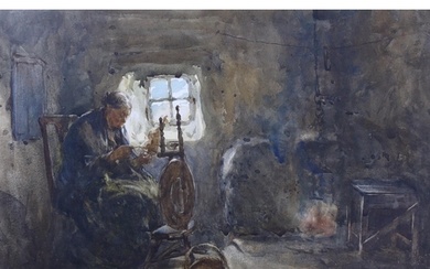 Victorian School, watercolour, Interior with lady seated at ...
